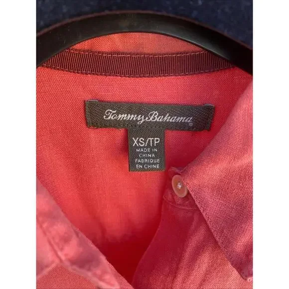 Womens Tommy Bahama XS Red Linen Short Sleeve Button Front Shirt Top Blouse - Picture 4 of 5